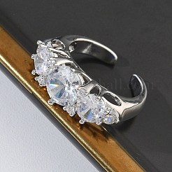 女性用真鍮マイクロパヴェキュービックジルコニアカフオープンリング  長持ちメッキ  ラックめっき  プラチナ  透明  9.5mm  usサイズ7 1/4(17.5mm)&nbsp;RJEW-L343-07P-02