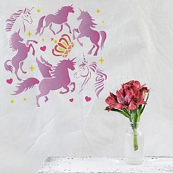 プラスチック再利用可能な描画絵画ステンシル テンプレート  スクラップブック、布地、タイル、床、家具、木材の塗装用  正方形  ユニコーン模様  300x300mm&nbsp;DIY-WH0172-322