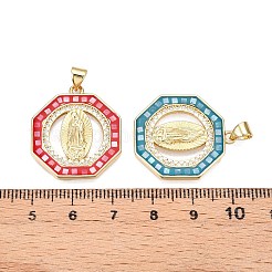 真鍮マイクロパヴェクリアキュービックジルコニアペンダント  カドミウムフリー＆鉛フリー  シェル＆エナメル付き  六角形と聖母マリアのチャーム  ミックスカラー  26x23x3mm  穴：5x3.5mm&nbsp;KK-N254-215G