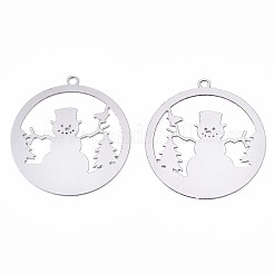 変色しないクリスマス 201 ステンレススチール フィリグリー ペンダント  エッチングされた金属装飾  雪だるまとリング  ステンレス鋼色  22x20x0.3mm  穴：1.2mm&nbsp;STAS-S118-001P
