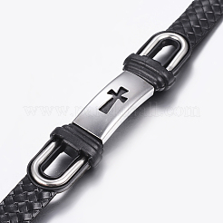 PUレザー組紐ブレスレット  304ステンレススチール製金具付き  クロスの長方形  ブラック  230mm  10~16x2.5~8.5mm&nbsp;BJEW-E324-C06