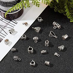 チベットスタイルの合金チューブベイル  ループベイル  混合図形  アンティークシルバー  6~12.5x5~14x3~10mm  穴：1.5~5.5mm  内径：2~5mm  約27種類/ 130個&nbsp;TIBEB-NB0001-09AS