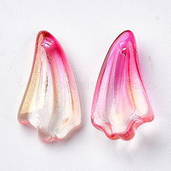透明スプレー塗装ガラスペンダント  グリッターパウダー付き  花弁  濃いピンク  20x10.5x5mm  穴：1.2mm&nbsp;GLAA-S054-005B-02