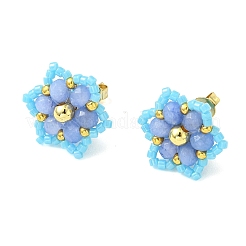 天然マレーシアジェイドスタッドピアス  花  304ステンレススチールスタッドピアスセッティング付き  空色  15x17mm&nbsp;EJEW-MZ00742-02
