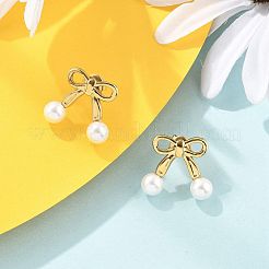 304ステンレススチールプラスチックパールスタッドピアス  イオンプレーティング（ip）  蝶結び  14KGP本金メッキ  17x19.5mm&nbsp;EJEW-M072-04G