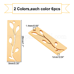 ステンレスペンダント201個  葉の長方形  ゴールデン·ステンレス鋼色  28x9x1mm  穴：1.4mm  2色  6個/カラー  12個/箱&nbsp;STAS-UN0013-12