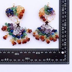 1 セット天然 & 合成宝石チップビッグペンダント  銅線を巻き、ココナッツブラウンの編組ナイロン糸を使用  染めと未染色の混合  フラットラウンド＆ツリーとハート  ゴールドカラー  110mm  4個/セット&nbsp;FIND-SZ0005-94