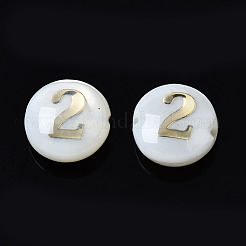 天然淡水シェルビーズ  金メッキ真鍮金属装飾付き  番号付きのフラットラウンド  NUM。2  8x4.5mm  穴：0.8mm&nbsp;SHEL-N003-20-02