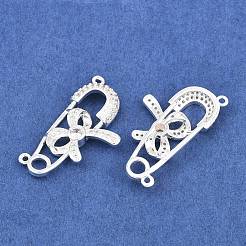 真鍮舗装クリアキュービックジルコニアペンダント  リボンチャーム付き安全ピン  銀  16.5x30x4mm  穴：1.3mm&nbsp;KK-L274-09S
