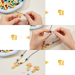 ラウンド＆クロスペンダントネックレスのDIYキット  ワックス加工された綿糸コードを含む  スプレー塗装された丸いシマウッドビーズ  木製クロスペンダント  ミックスカラー  42x24.5x4mm  穴：2mm  20pc&nbsp;DIY-DC0004-02A