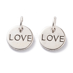 真鍮製チャーム  長持ちメッキ  丸カン付き  ワード「love」を刻まれたフラットラウンド  バレンタインデーの  アンティークシルバー  8.5x1mm  丸カン：4x0.5ミリ  内径：2.5mm&nbsp;KK-A149-01AS