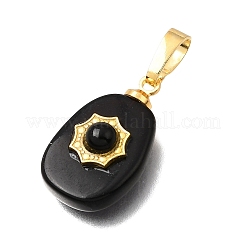 天然石オブシディアンペンダント  真鍮の太陽が付いたティアドロップチャーム  ゴールドカラー  21x12x6mm  穴：6.5x3.5mm&nbsp;G-T151-03E