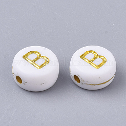 メッキアクリルビーズ  ゴールドライン入り  水平穴  アルファベット付きのフラットラウンド  ホワイト  文字.b  7x3.5mm  穴：1.2mm  約3600個/500g&nbsp;PACR-R242-01B