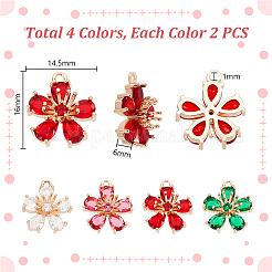 8個4色透明ガラスペンダント  ゴールデントーン真鍮パーツ  多面カット  花  ミックスカラー  16x14.5x6mm  穴：1mm  2個/カラー&nbsp;GLAA-GA0002-31