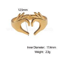 女性用304ステンレススチールカフオープンリング  両手でハート  18KGP本金メッキ  内径：17.4mm&nbsp;WG35897-01