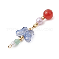 天然カーネリアンとガラスのペンダント  蝶  金色の真鍮トーンループ付き  藤紫色  47x14.5x8mm  穴：1.6mm&nbsp;PALLOY-JF03192-01
