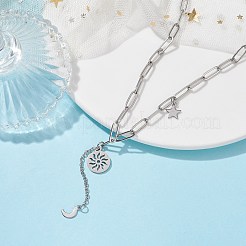 変色しない太陽と月と星のペンダントネックレス  304ステンレススチールペーパークリップチェーン付き  ステンレス鋼色  17.52インチ（44.5cm）&nbsp;NJEW-JN04535