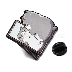 鏡面エナメルピン付き猫  バックパック用合金ラペルピンバック  グレー  30.5x33.5mm&nbsp;JEWB-I055-05EB-04