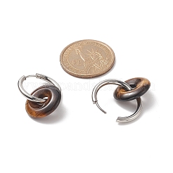 ナチュラル タイガーアイ パイ ディスク/ドーナツ ダングル フープ イヤリング  女性用304ステンレスジュエリー  29.5mm  ピン：1mm&nbsp;EJEW-JE05132-01