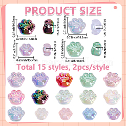 30 個 15 スタイル UV メッキレインボー虹色アクリルビーズ  猫の足跡  ミックスカラー  13~16.5x15.5~18.5x10.5~13mm  穴：3mm  2個/スタイル&nbsp;OACR-BM0001-15