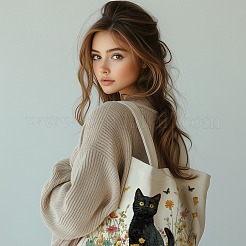 キャンバスレディーストートバッグ  ハンドル付き  ショッピング用ショルダーバッグ  長方形  猫の形  38x40cm&nbsp;ABAG-WH0057-002