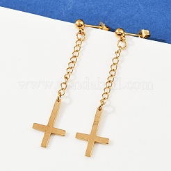 クリスチャン逆十字201ステンレススチールダングルスタッドピアス  304ステンレスピン付き  ゴールドカラー  54.5x12.5mm&nbsp;EJEW-P314-01B-G