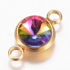 ガラスリンクコネクター  多面カット  304ステンレススチール製金具付き  フラットラウンド  ゴールドカラー  カラフル  17.5x10x6.5mm  穴：2.5mm&nbsp;GLAA-G018-G01