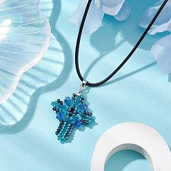 透明な電気メッキガラスペンダントネックレス  シードビーズペンダントネックレス  模造レザーコード  クロス  ドジャーブルー  17.72インチ（45cm）&nbsp;NJEW-MZ00040-04