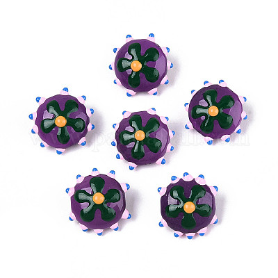 手作りランプワークビーズ  花付き凸凹したフラットラウンド  青紫色  18.5~20x10~11mm  穴：1mm&nbsp;LAMP-T023-25B-1