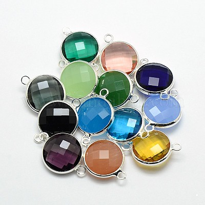 銀色メッキ真鍮ガラスリンクコネクター  フラットラウンド  ミックスカラー  16x11x5mm  穴：2mm&nbsp;GLAA-J011B-S-1