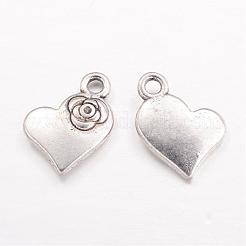 チベットスタイル合金チャームペンダント  花とハート  カドミウムフリー＆鉛フリー  アンティークシルバー  14x11x3mm  穴：1mm&nbsp;TIBEP-A124433-AS-LF
