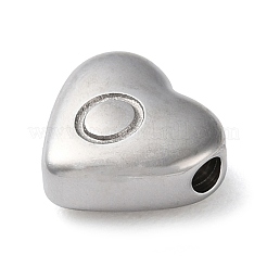 変色しない201ステンレススチールビーズ  ステンレス鋼色  ハート  アルファベットのO  7x8x3.5mm  穴：1.5mm&nbsp;STAS-M335-01O-P