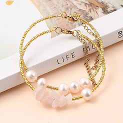 メッキガラスラッパビーズブレスレットセット  積み重ね可能なブレスレット  チップナチュラルローズクォーツビーズ付き  天然パールビーズと304ステンレススチールのロブスタークロウ留め金  ゴールドカラー  内径：2インチ（5.2cm）  2個/セット&nbsp;BJEW-JB05493-01
