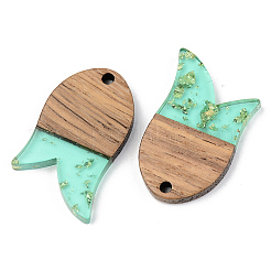 透明樹脂＆ウォールナットウッドチャーム  金箔  魚  淡いターコイズ  28x18x3mm  穴：2mm&nbsp;RESI-S389-060B-B02