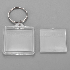 アクリルキーホルダー  鉄のスプリットキーリング付き  正方形  透明  73mm  ペンダント：44x40x6mm&nbsp;KEYC-WH0016-02E
