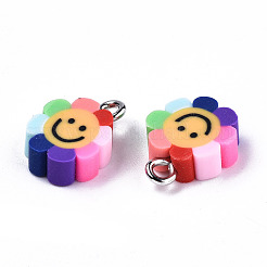 手作りポリマークレイペンダント  プラチナトーン鉄パーツ  笑顔の花  レインボーカラー13~14.5x10~12x3~4mm  穴：1.8mm&nbsp;LS-X-CLAY-T016-48