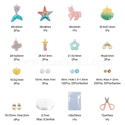 Diyの人魚のテーマジュエリー作成キット  ヒトデ＆ユニコーン＆レインボーレジン/アロイ/アクリルパーツ20個  380個のABSプラスチックとアクリルの丸いビーズ  弾性水晶の線とステンレス鋼のはさみ  ミックスカラー  ペンダント：20ピース/セット&nbsp;DIY-FS0001-57