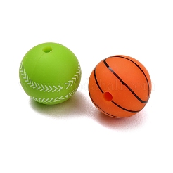 スポーツをテーマにした食品グレードの環境に優しいシリコンビーズ  サッカー／バスケットボール／野球／バレーボール／テニス  ミックスカラー  14.5~15mm  穴：3mm&nbsp;SIL-T058-03M-02
