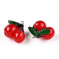 樹脂チャーム  プラチナトーン鉄パーツ  模造食品  チェリー  レッド  28~30x28~29x17mm  穴：2mm&nbsp;X-RESI-T028-37