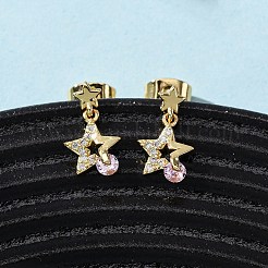 真鍮マイクロパヴェキュービックジルコニアスターダングルスタッドピアス  16KGP本金メッキ  13.5x8mm&nbsp;EJEW-K267-22G
