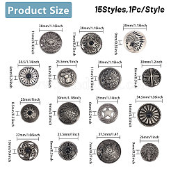 15セット15スタイルイーグル/スター/フラワー模様合金＆イミテーションターコイズクラフトソリッドスクリューリベット  DIYレザークラフト爪  フラットラウンド  アンティークシルバー  6.5~37.5x3.5~14mm  穴：2~2.5mm  1セット/スタイル&nbsp;FIND-CA0008-73