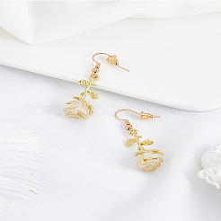 合金エナメルダングルイヤリング1組  花バラ  ゴールドカラー  ホワイト  45x12.5mm&nbsp;EJEW-LP0007-108B