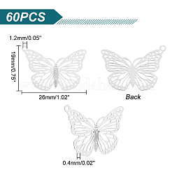 304ステンレススチールペンダント60個  エッチングされた金属装飾  蝶  ステンレス鋼色  19x26x0.4mm  穴：1.2mm&nbsp;STAS-UN0041-63