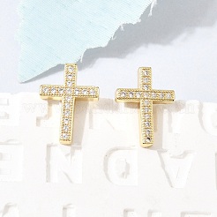 クロス真鍮マイクロパヴェクリアキュービックジルコニアスタッドピアス  カドミウムフリー＆鉛フリー  長持ちメッキ  ラックめっき  18KGP本金メッキ  14x10.5mm&nbsp;EJEW-C186-18G-01