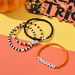 4 個 4 スタイルのガラスシード & アクリル & 合成ターコイズ スカル ビーズ ストレッチ ブレスレット セット  ハロウィン用のワード不気味なブーの積み重ね可能なブレスレット  ミックスカラー  内径：2-1/8~2-1/4インチ（5.3~5.7cm）  1個/スタイル&nbsp;BJEW-TA00263