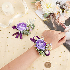 シルク布製手首コサージュ1個  シルク布の花のブートニエールブローチ1個付き。  結婚式のための  パーティー  インディゴ  122x22~65x44mm&nbsp;AJEW-CP0001-72