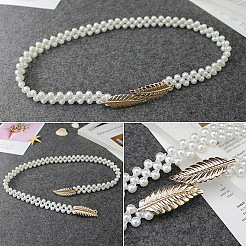 ドレス用のリーフ合金とプラスチックの模造真珠の丸いビーズの弾性チェーンベルト  ホワイト  ゴールドカラー  600mm&nbsp;FS-WG59949-01