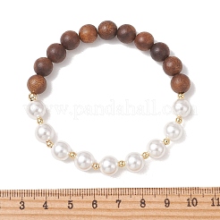 シェルパールと白檀のビーズを使った女性用ストレッチブレスレット  ラウンド  ホワイト  ビーズ：8.5mm  内径：2.36インチ（6cm）&nbsp;BJEW-TA00728