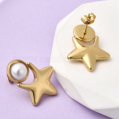 201ステンレス鋼ABSプラスチックパールスタッドピアス  304ステンレスピン付き  PVD真空メッキ  長持ちメッキ  ゴールドカラー  スター  24x18.5mm&nbsp;EJEW-Z151-13G-05