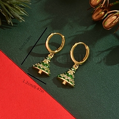 真鍮エナメルのクリスマスツリーフープピアス  キュービックジルコニア付き  ゴールドカラー  グリーン  30x12mm&nbsp;YN0293